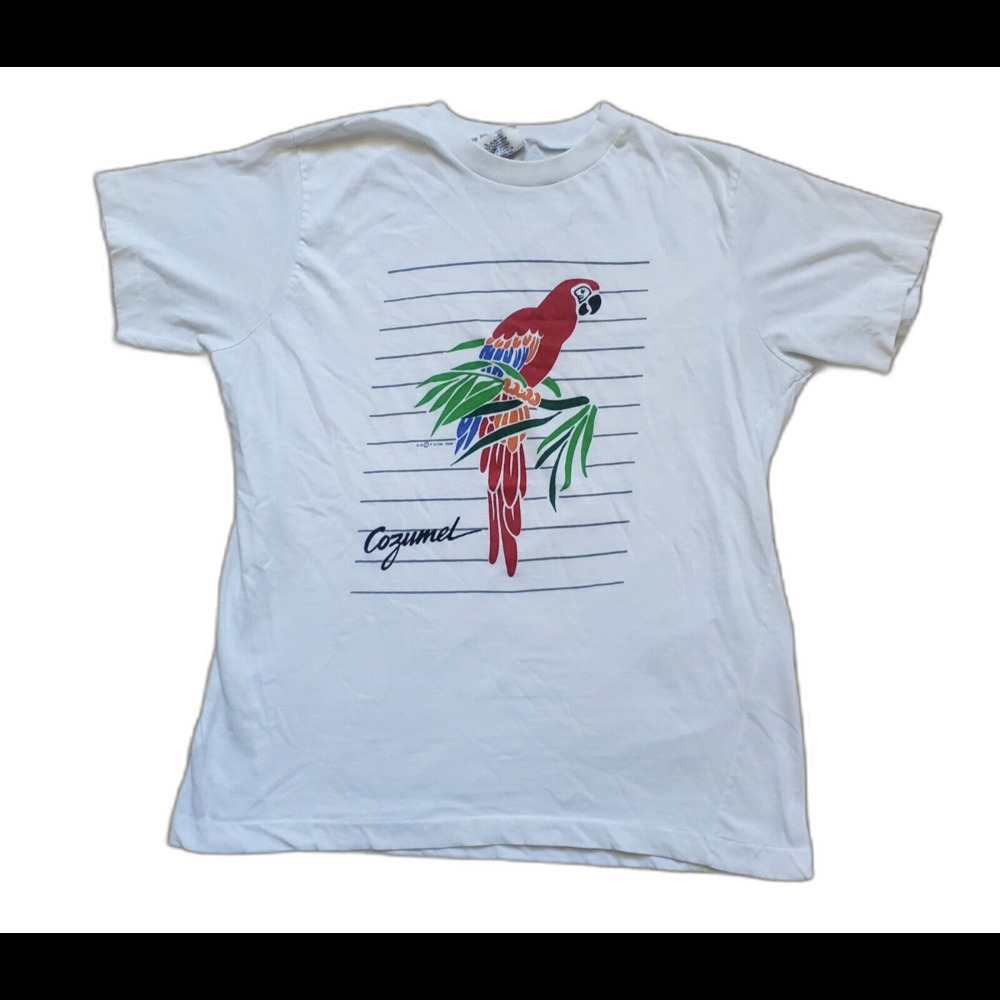 VTG Macaw Shirt Women Large 1980s Mexico Top Single Stitch Short Sleeve FLAW